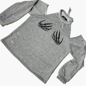 Womens XL Gray CBR Skeleton Hands Cut-Out Shoulder Long Sleeve distressed Top